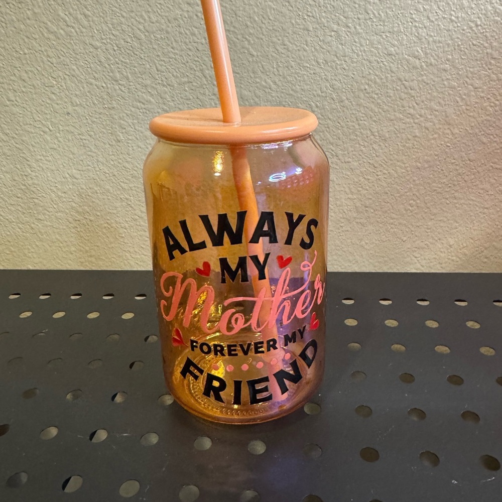 New Orange Mother's Day Glass Cup with Straw